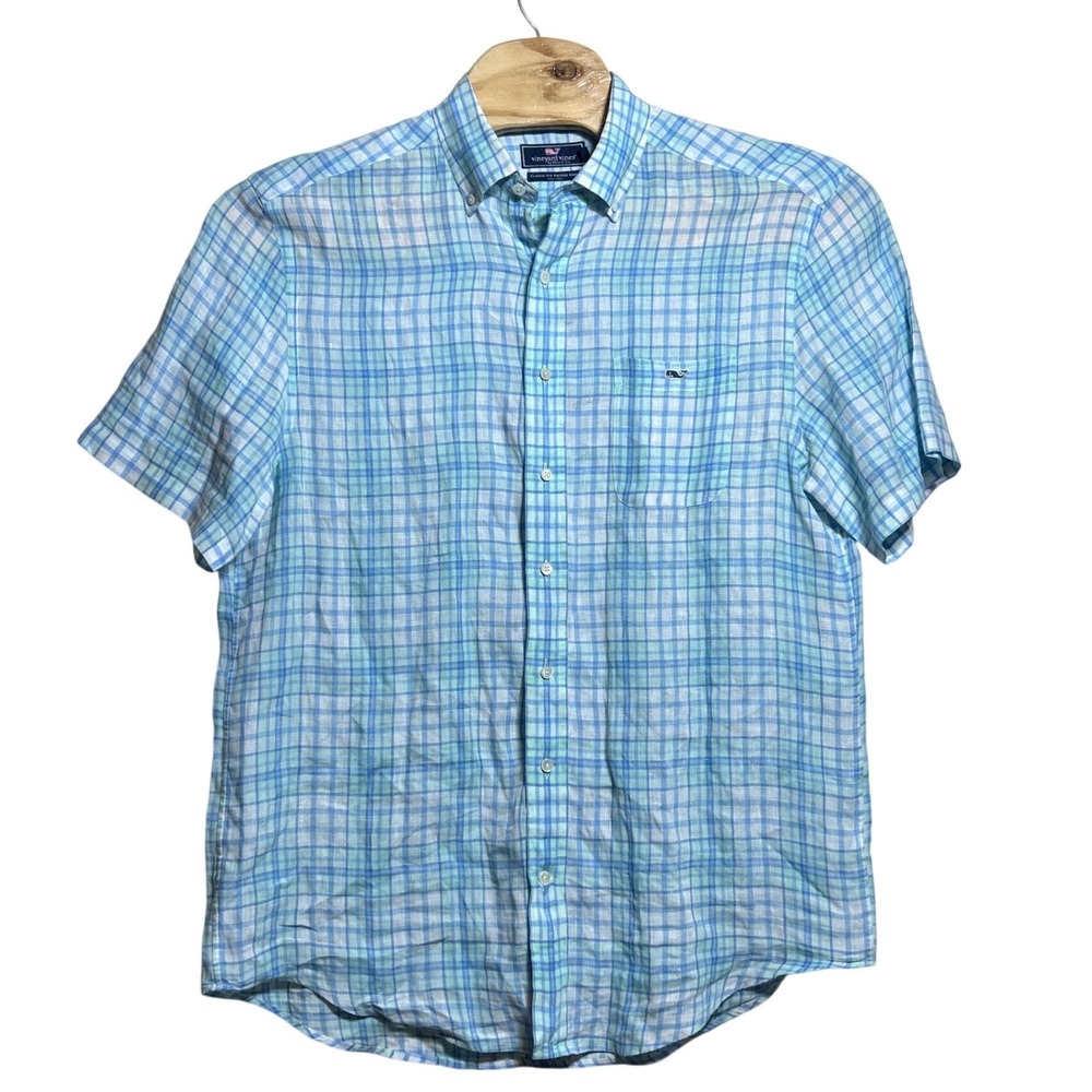 Vineyard Vines Mens Large Blue Green Plaid 100% Linen Tucker Short Sleeve Shirt
